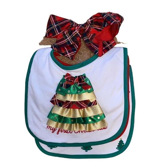 Baby’s First Christmas Bibs and Hair Bow Gift Set - Picture 1 of 4
